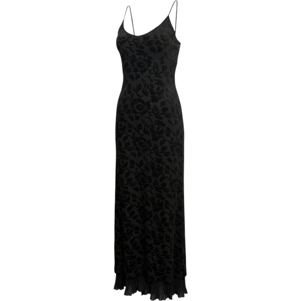 Georgette Vintage 90s Velvet Burnout Floral Maxi Slip Dress Black Medium Y2K